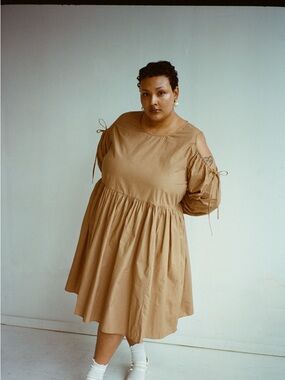 Long Sleeve Cold Shoulder Gathered Waist Midi Dress in Tan